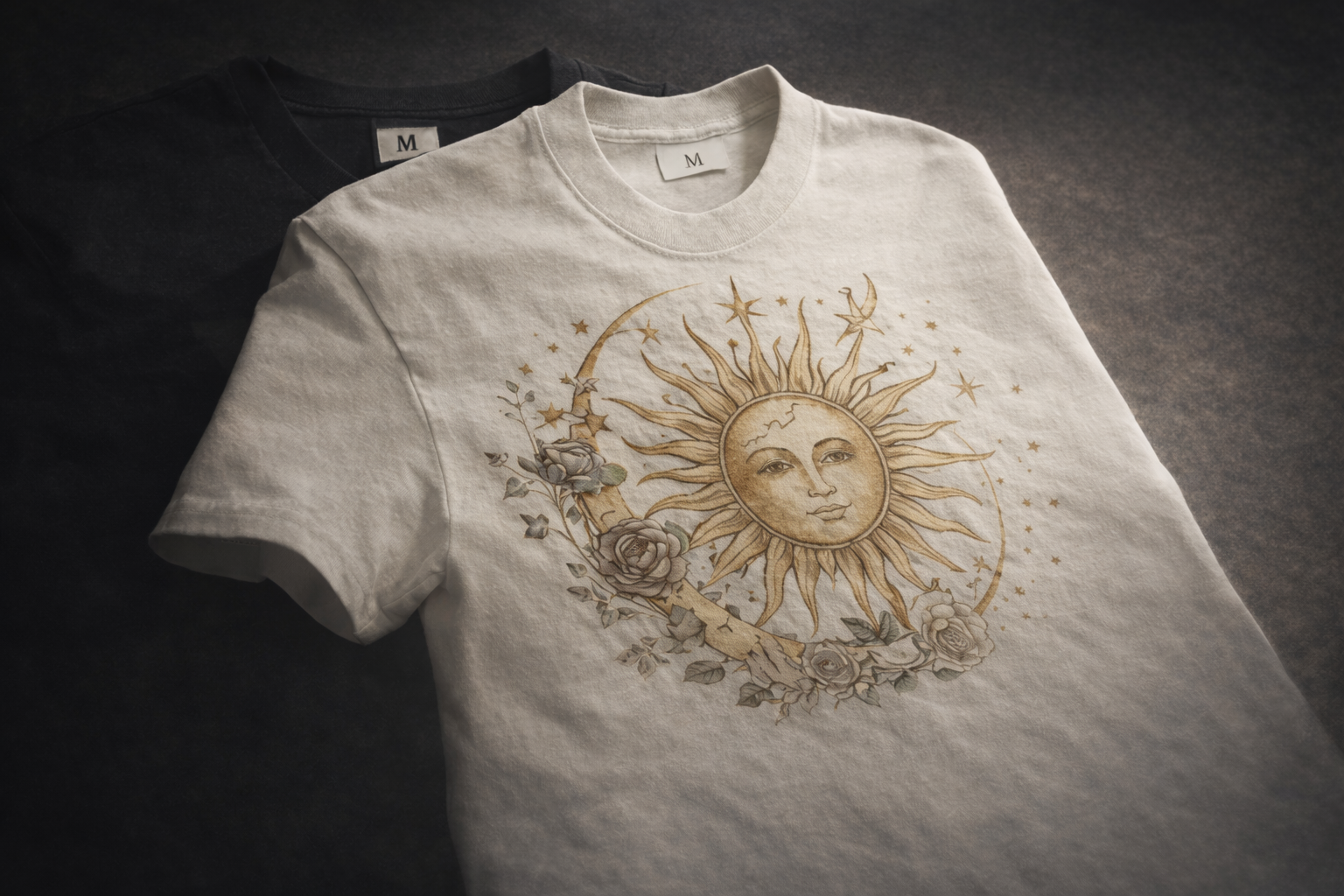 A black t-shirt with a unique curated design.